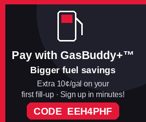 Pay with GasBuddy+ card — extra 10¢/gal on your first fill-up with code EEH4PHF